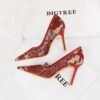 BIG TREE SHOES 1963-1 European and American Banquet Women's Shoes Skinny High Heels Low-Cut Pointed-Toe Stilettos High Heel Mesh Hollow-out Lace Shoes