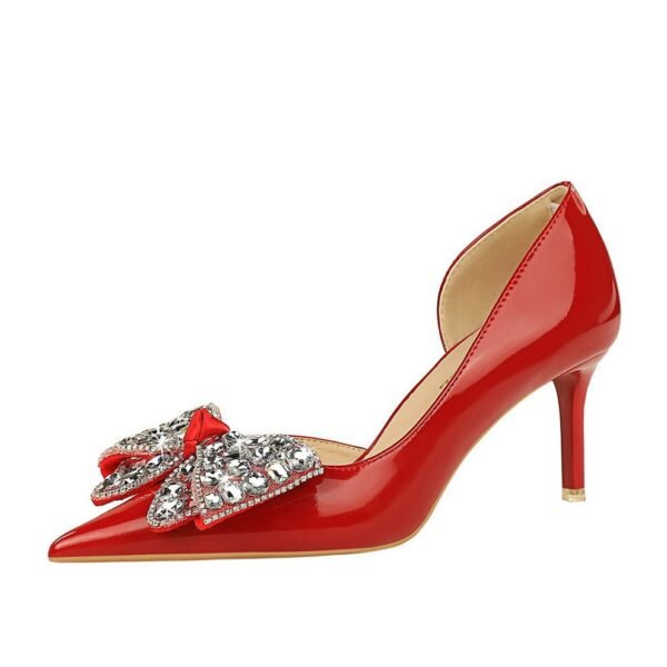 BIG TREE SHOES 638-Ah21 Korean Style Banquet Women's Shoes High Heel Stiletto Low Mouth Pointed Side Hollow Patent Leather Rhinestone Bow Pumps
