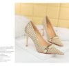 9283-1 European and American style houndstooth high-heeled high-heeled shallow-pointed pearl chain plaid women's shoes