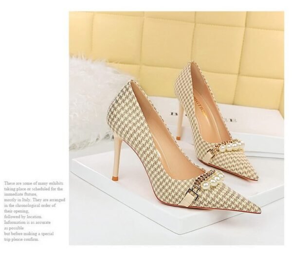 9283-1 European and American style houndstooth high-heeled high-heeled shallow-pointed pearl chain plaid women's shoes