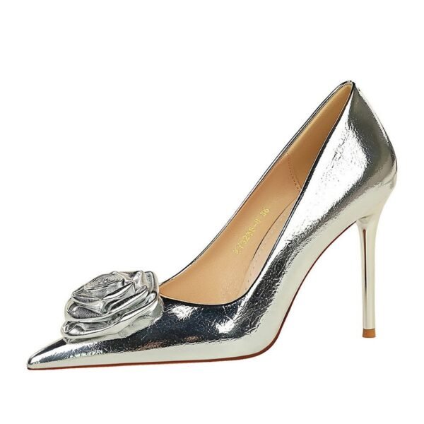 BIGTREE SHOES 9236-H56 European and American Banquet Women's Shoes Stiletto Heel Shallow Mouth Pointed Metal Feeling Rose Flower Shoes High Heel