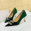 BIG TREE SHOES 1818-K77 Banquet High Heels Women's Shoes High Heel Low-Cut Pointed-Toe Xishi Suede Rhinestone Buckle Bow Pumps Women
