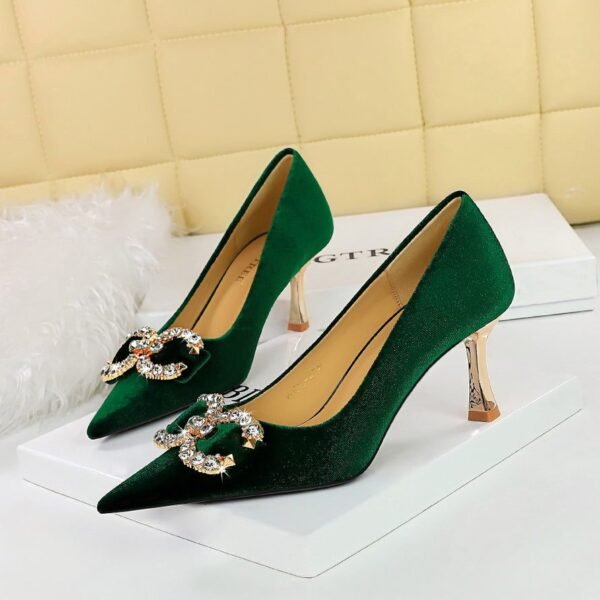 BIG TREE SHOES 1818-K77 Banquet High Heels Women's Shoes High Heel Low-Cut Pointed-Toe Xishi Suede Rhinestone Buckle Bow Pumps Women