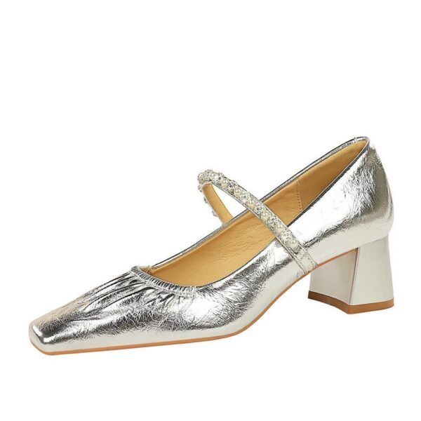 Bigtree Shoes 5288-16 Vintage Fashionable Chunky Heel Mid-Heel Low-Cut Square Toe Rhinestone Pearl Ankle-Strap Shoes Mary Jane Women's Shoes