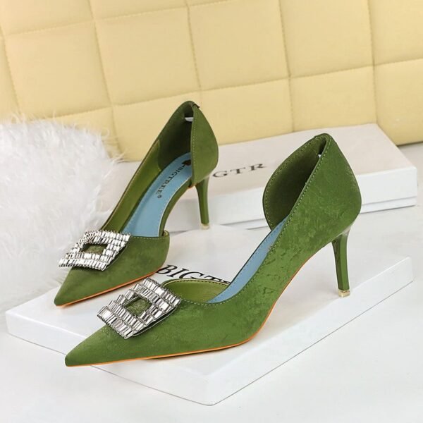 BIGTREE SHOES 6168-Ak50 Korean Style Fashion Banquet Women's Shoes Stiletto Heel Cloth Shallow Mouth Pointed-Toe Metal Rhinestone Buckle Pumps