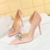 Bigtree Shoes 1363-K80 European and American Style High Heels Stiletto Heel Women's Shoes Thickened Suede Shallow Mouth Pointed Toe Side Hollow Rhinestone Buckle Single-Layer Shoes