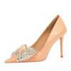 BIG TREE Shoes 3391-H9 Korean Style Fashion Banquet High Heels Stiletto Heel Shallow Mouth Pointed Toe Rhinestone Bow Pumps Women