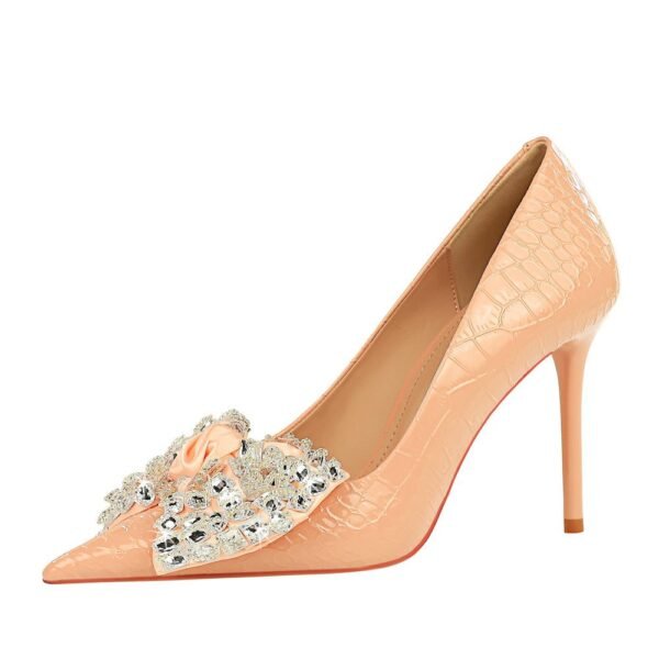 BIG TREE Shoes 3391-H9 Korean Style Fashion Banquet High Heels Stiletto Heel Shallow Mouth Pointed Toe Rhinestone Bow Pumps Women