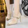 BIGTREE SHOES 9318-19 European and American High Heels Women's Shoes Stiletto Heel Shallow Mouth Color-Blocking Pointed-Toe Metal Chain Ankle-Strap Shoes
