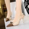 BIGTREE SHOES 373-a2 European and American Style Women's Shoes Stiletto Heel Shallow Mouth Color-Blocking Pointed Toe Metal Chain Decorative Hollow Back Strap Pumps