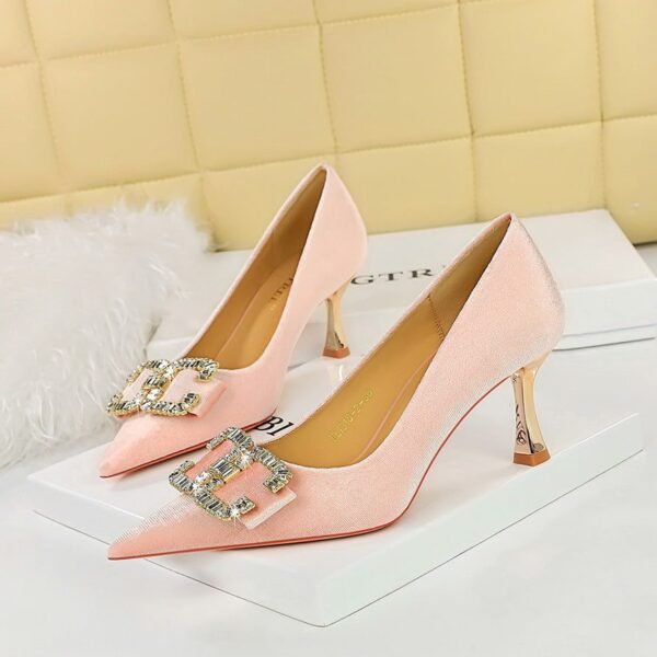 BIG TREE SHOES 1818-K78 Banquet Entry Lux Elegant Women's Shoes High Heels Xishi Suede Shallow Mouth Pointed Toe Rhinestone Bow Pumps