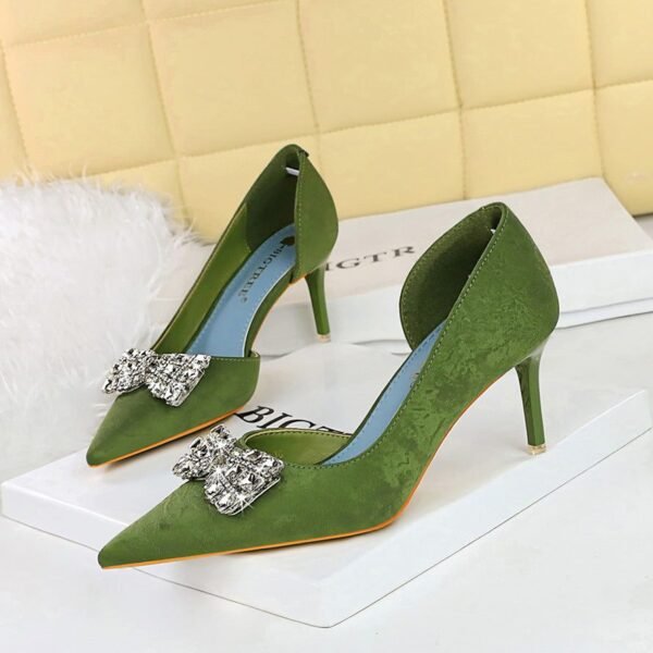 BIGTREE SHOES 6168-Ak51 Korean Style High Heel Stiletto Low Mouth Pointed Side Hollow Cloth Surface Metal Rhinestone Bow Buckle Pumps