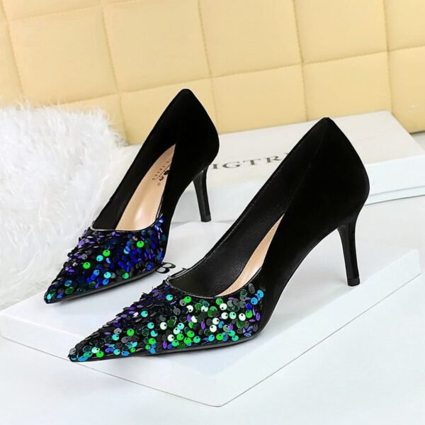 BIGTREE SHOES 7236-1 European and American Style Affordable Luxury Fashion Banquet Women's Shoes High Heels Stiletto Heel Shallow Mouth Pointed Stitching Sequin Cloth Pumps