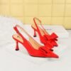Bigtree shoes 3716-h25 fashion pedicure Korean style women's shoes satin shallow mouth pointed high heel hollow-out back strap bow single-layer shoes