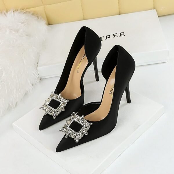 BIG TREE Shoes 626-K3 European and American Style Thinner Super High Heel Women's Shoes Stiletto Low-Cut Pointed-Toe Metal Rhinestone Buckle Side Empty Shoes