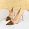 BIG TREE SHOES 9283-2 European and American Style Banquet High Heels Stiletto Heel Shallow Mouth Color-Blocking Pointed Metal Chain Decorative Women's Thin Shoes