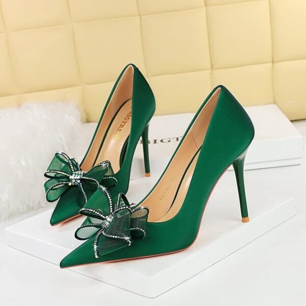 BIGTREE SHOES 3265-H38 European and American Banquet Light Luxury High Heels Women's Shoes Stiletto Low-Cut Pointed Mesh Lace Bow Pumps