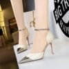 BIGTREE SHOES 8386-7 National Style Women's Shoes Sping Sandal Banquet High Heel Low-Cut Pointed Toe Stitching Pointed Toe Hollow-out Strap Sandals for Women