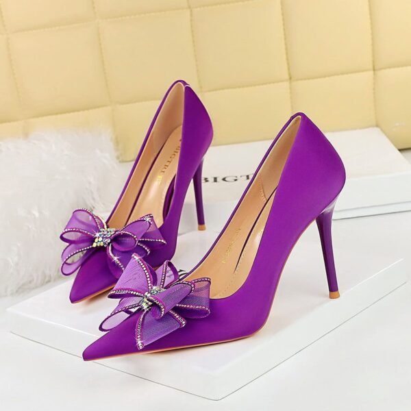 BIGTREE SHOES 3265-H38 European and American Banquet Light Luxury High Heels Women's Shoes Stiletto Low-Cut Pointed Mesh Lace Bow Pumps