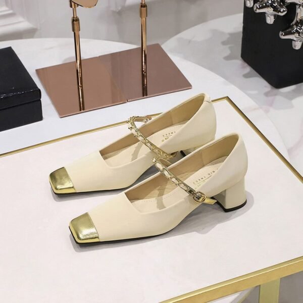BIGTREE SHOES 5288-7 Temperament Mary Jane Shoes Chunky Very Mid-Very Low-Cut Color Matching Stitching Square Toe Metal Chain Ankle-Strap Shoes