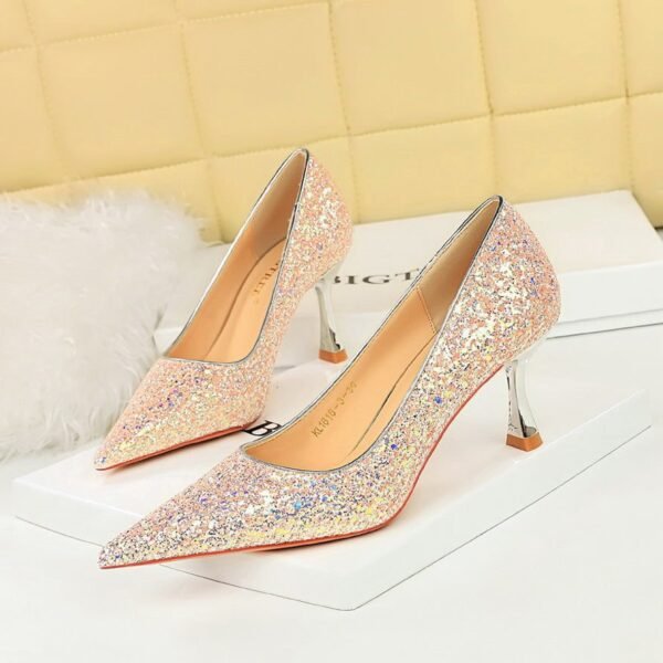 BIG TREE SHOES 1818-3 Korean Style Fashion Banquet High Heels Metal Heel High Heel Low-Cut Pointed Shining Sequin Cloth Pumps Women's Shoes