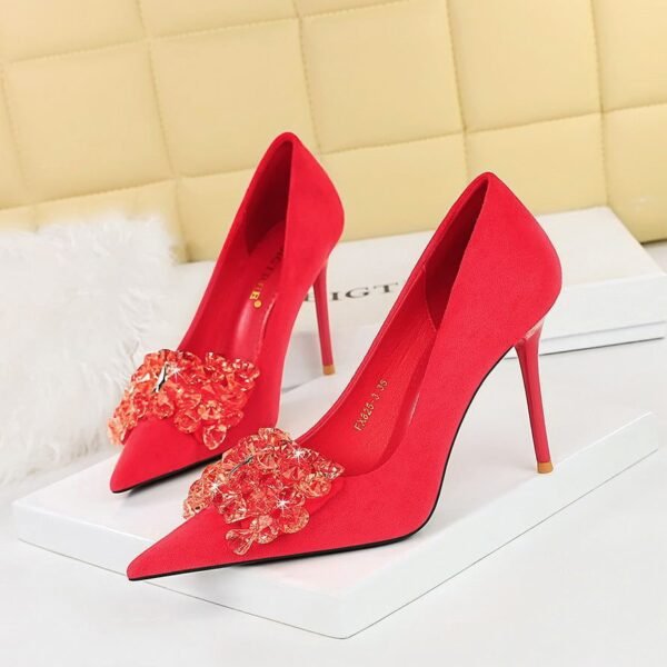 beb6a132e01efc979ad074b3bf4df460 Bigtree Shoes 825-H27 Korean Banquet High Heels Women's Shoes Stiletto Suede Shallow Mouth Pointed Gemstone Rhinestone Bow Pumps