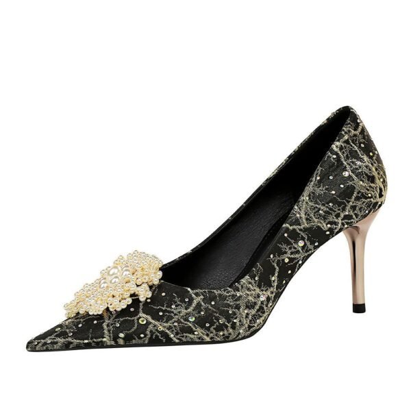 628-A2 European and American Style Banquet Women's Shoes Metal Heel Stiletto Heel Shallow Mouth Pointed Toe Rhinestone Pearl Flower Women's Shoes