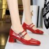 BIGTREE SHOES 1389-1 Everyday Joker Sweet Mary Jane Women's Shoes Mid Heel Patent Leather Shallow Mouth round Head Rhinestone Buckle Ankle-Strap Shoes