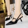 BIGTREE SHOES 070-11 Korean Style Women's Shoes High Heel Low-Cut Pointed Toe T Shape with Rhinestones Buckle Hollow Back Strap Back Open Shoes Female