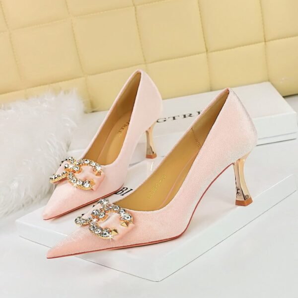 BIG TREE SHOES 1818-K77 Banquet High Heels Women's Shoes High Heel Low-Cut Pointed-Toe Xishi Suede Rhinestone Buckle Bow Pumps Women