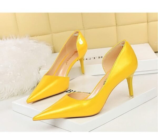 1363-A2 Korean fashion slim banquet fine heel high heel shallow pointed side hollow patent leather women's shoes single shoes high