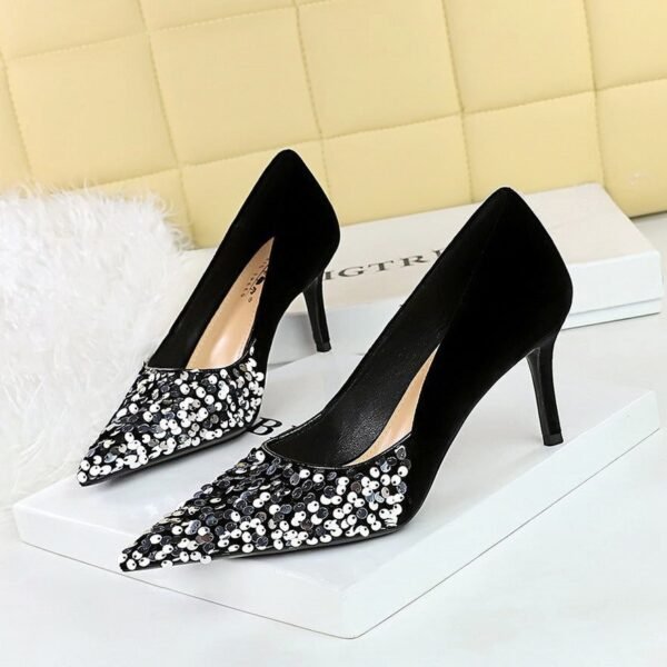 BIGTREE SHOES 7236-1 European and American Style Affordable Luxury Fashion Banquet Women's Shoes High Heels Stiletto Heel Shallow Mouth Pointed Stitching Sequin Cloth Pumps