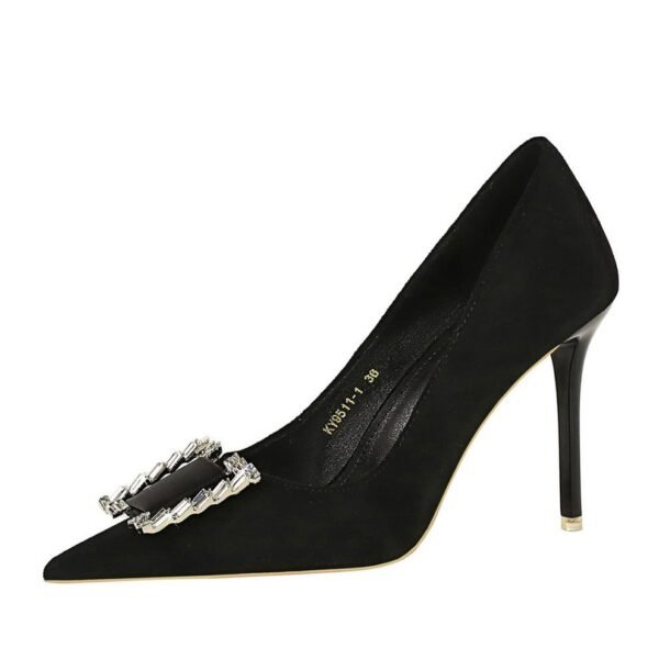 c060256741cae36bd0389fc388b60379 BIGTREE SHOES 9511-K73 Banquet High Heels Stiletto Heel European and American Style Women's Shoes Suede Shallow Mouth Pointed-Toe Metal Rhinestone Buckle Pumps Women