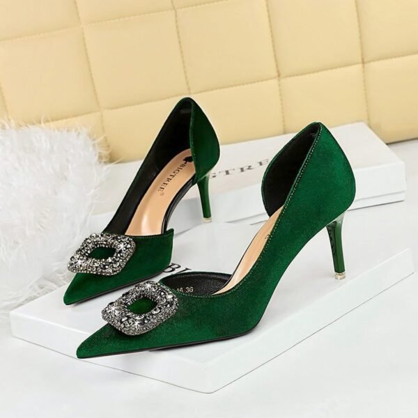 BIGTREE SHOES 1363-Ak83 Korean Style Banquet High Heel Xishi Suede Shallow Mouth Pointed Side Hollow Metal Rhinestone Buckle Pumps Women