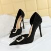 Big Tree Shoes 626-K6 European and American Style Thinner Side Hollow High Heels Women's Shoes Stiletto Heel Rhinestone Buckle Pumps
