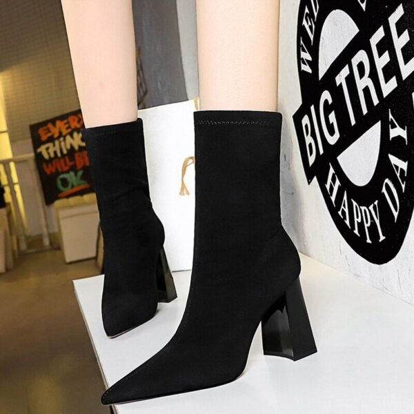 318-8Women's high-heeled boots suede thick ankle boots pointed shoes-Bigtree shoes