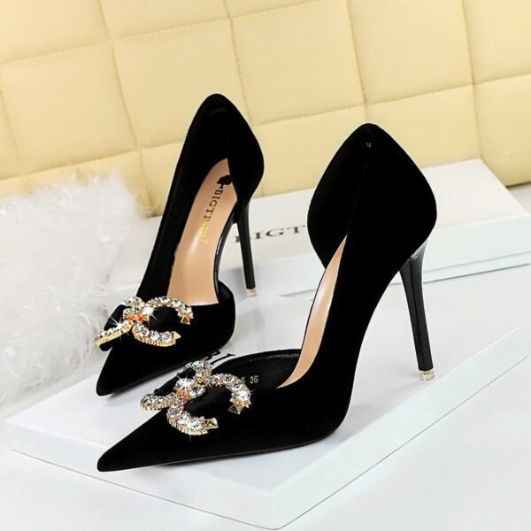 Bigtree Shoes 1363-K77 Banquet High Heels Stiletto Heel Shallow Mouth Pointed Side Hollow out Thick Suede Rhinestone Buckle Bow Pumps