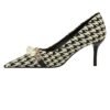 c15587f5d979ba3f1361840ecd429bba 9283-A1 European and American thin-heeled high-heeled shallow-pointed cloth plaid houndstooth metal chain pearl shoes