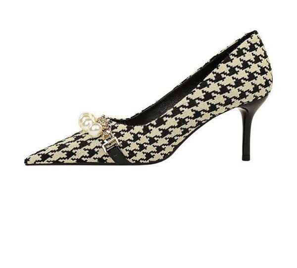 c15587f5d979ba3f1361840ecd429bba 9283-A1 European and American thin-heeled high-heeled shallow-pointed cloth plaid houndstooth metal chain pearl shoes