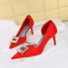 BIGTREE SHOES 6168-Ak50 Korean Style Fashion Banquet Women's Shoes Stiletto Heel Cloth Shallow Mouth Pointed-Toe Metal Rhinestone Buckle Pumps