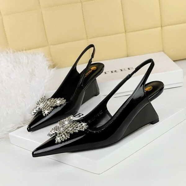 BIGTREE SHOES 1097-k53 High Heel Wedge Patent Leather Shallow Mouth Pointed Hollow Back Strap Metal Rhinestone Bow Single-Layer Shoes Women's Shoes