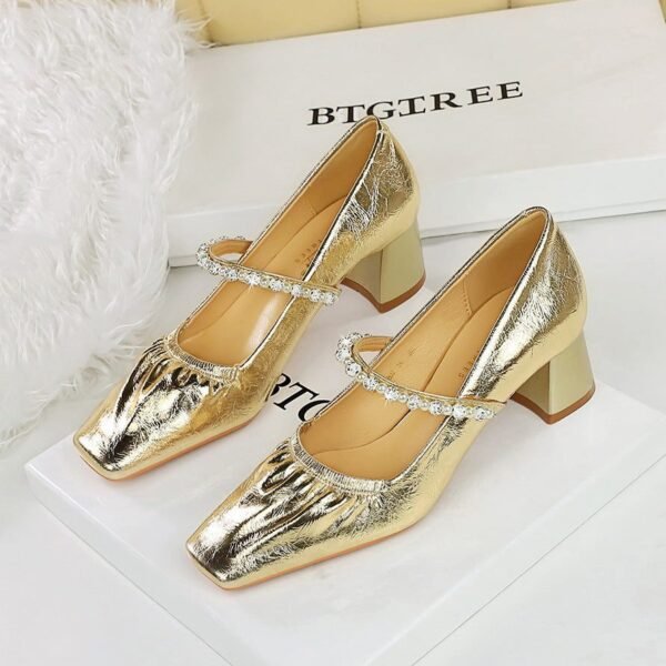 Bigtree Shoes 5288-16 Vintage Fashionable Chunky Heel Mid-Heel Low-Cut Square Toe Rhinestone Pearl Ankle-Strap Shoes Mary Jane Women's Shoes