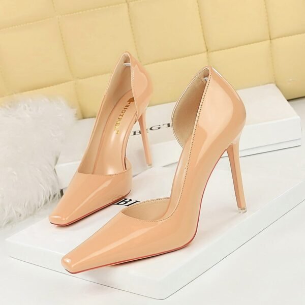 BIG TREE SHOES 328 7-1 European and American Style Simple Stiletto Heel Women's Shoes Shiny Patent Leather Low-Cut Square Toe Side Hollow High Heel Pumps