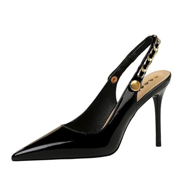 BIGTREE SHOES 1859-1 European and American Wind Back Empty Shoes Banquet High Heels Pointed-Toe Hollowed Metal Chain Back Strap High Heel Pumps Women
