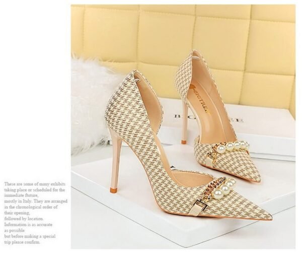 c2bb48d879d78bc7a977c53ea536cd8a 8829-1 Korean version of high-heeled shoes with lattice pattern shallow mouth side hollow houndstooth pearl metal chain super high-heeled shoes