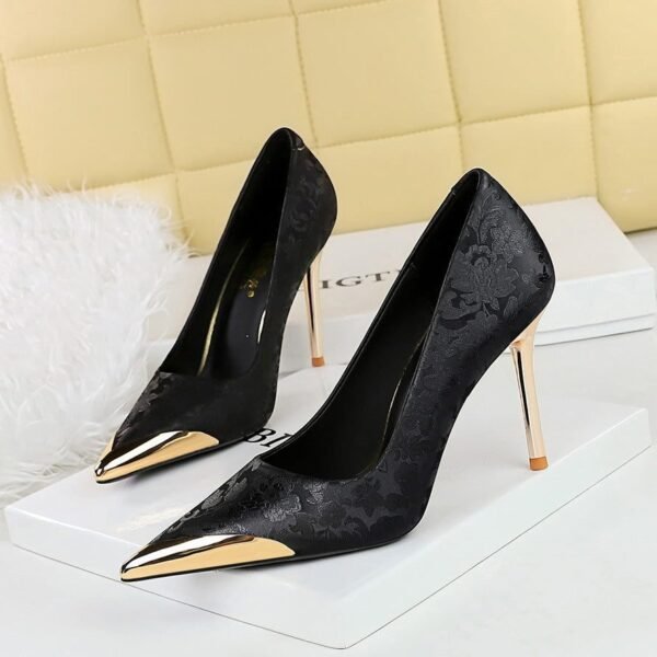 BIGTREE SHOES 9318-10 National Style Women's Shoes High Heels Silk Stiletto Low-Cut Metal Pointed Toe Satin Banquet High Heel Pumps Women