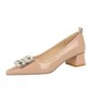 BIGTREE SHOES 1235-K58 Korean Style Fashion Banquet Women's Shoes Chunky Heel Mid Heel Patent Leather Shallow Mouth Small Sharp Point Square Rhinestone Buckle Pumps