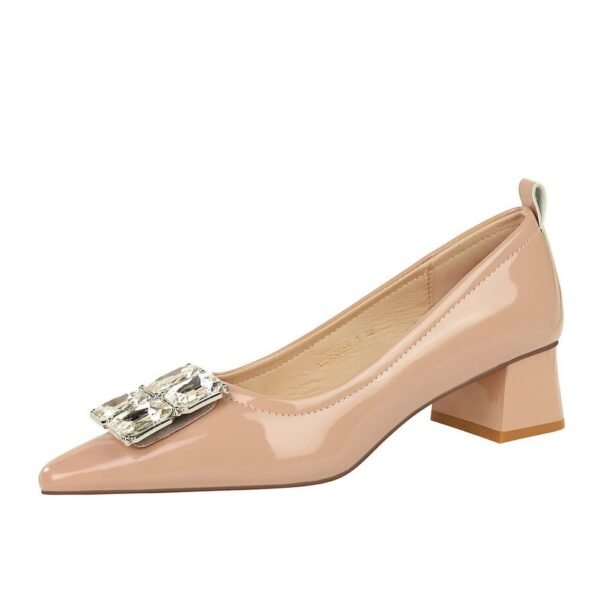 BIGTREE SHOES 1235-K58 Korean Style Fashion Banquet Women's Shoes Chunky Heel Mid Heel Patent Leather Shallow Mouth Small Sharp Point Square Rhinestone Buckle Pumps