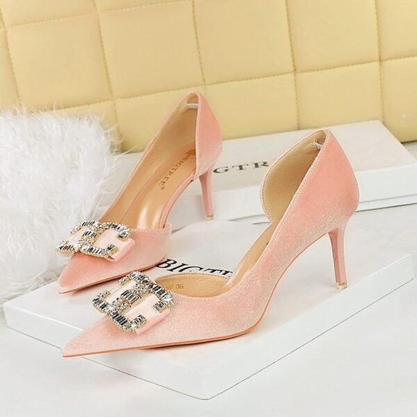 BIGTREE SHOES 1363-Ak78 Banquet Light Luxury Women's Shoes High Heels Stiletto Heel Side Hollow Suede Shallow Mouth Pointed Toe Rhinestone Buckle Pumps