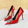 Bigtree Shoes 6122-K59 European and American Style Banquet High Heels Women's Shoes Stiletto Heel Super High Heel Patent Leather Shallow Mouth Pointed Rhinestone Buckle Single-Layer Shoes